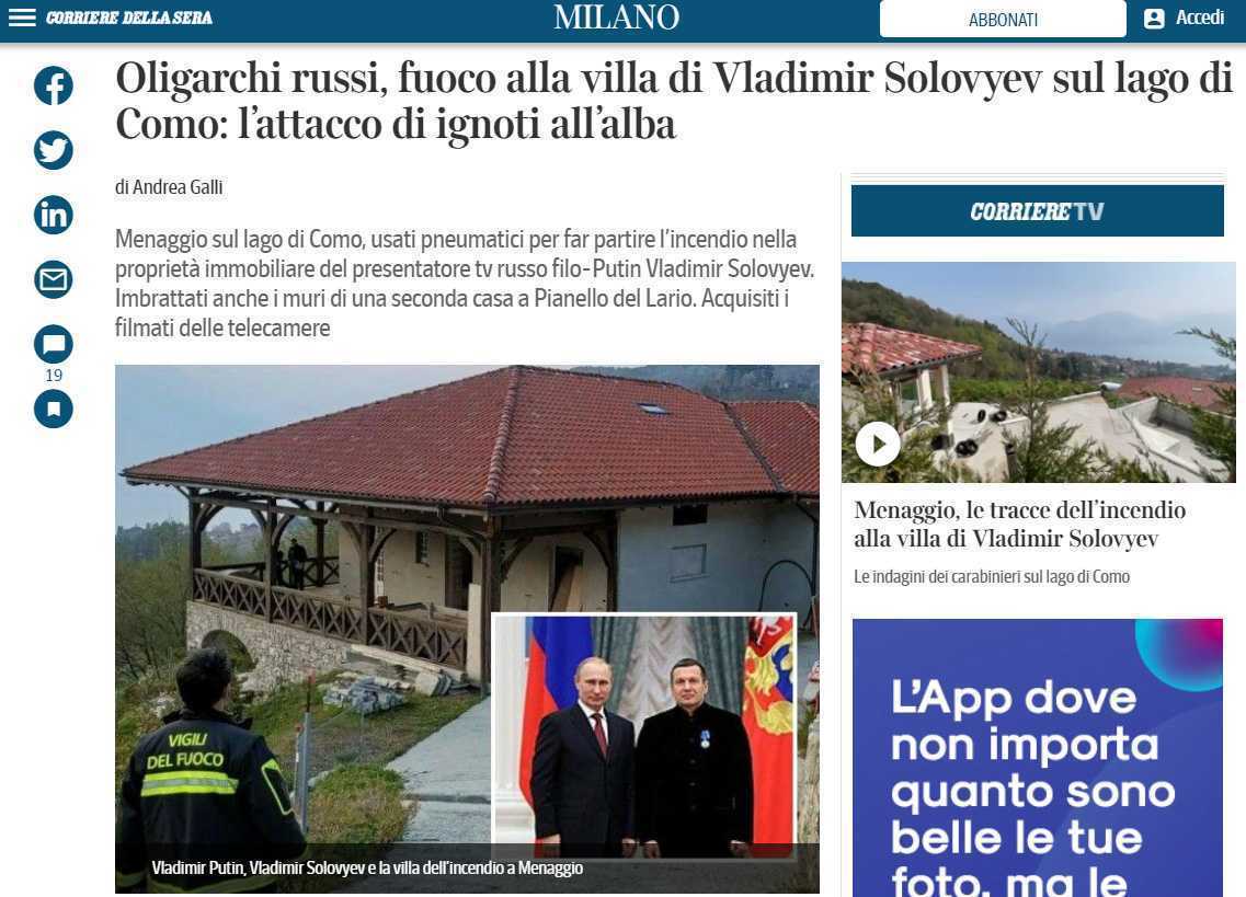 A fost incendiată vila jurnalistului rus Vladimir Soloviev, de lângă Lacul Como