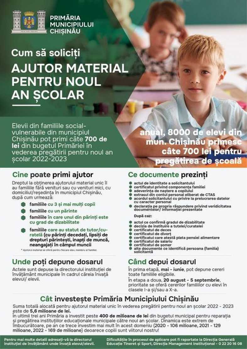 8000 de elevi din familiile defavorizate din capitală beneficiază de ajutor material către noul an școlar